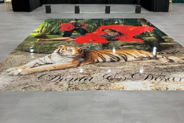 Custom couple portrait wedding dance floor wrap